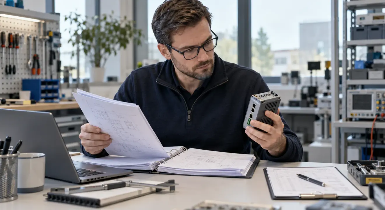 Product-compliance engineer checking a control unit against technical documentation.