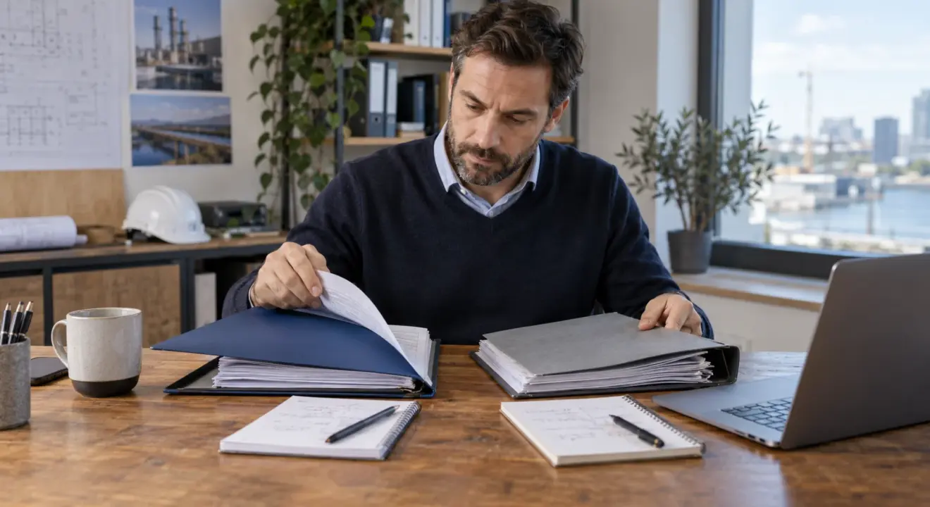 Engineer comparing two technical reference folders and project notes.