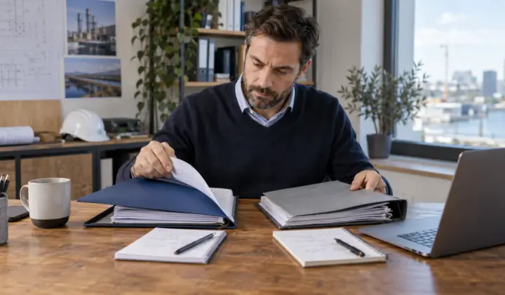 Engineer comparing two technical reference folders and project notes.