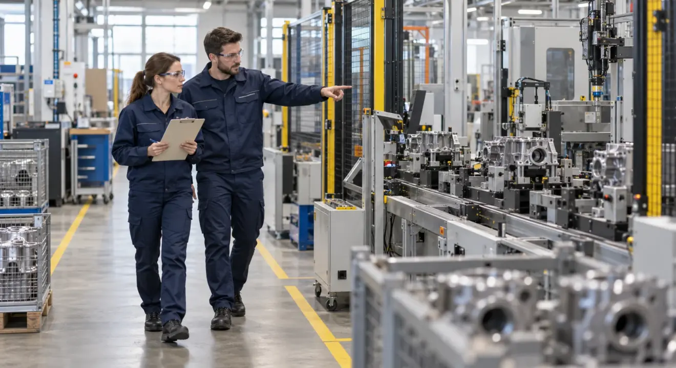 Production and quality engineers observing guarded manufacturing equipment from a safe aisle.