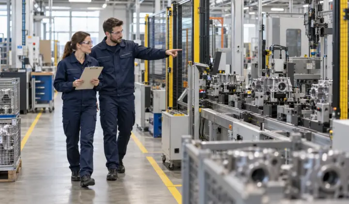 Production and quality engineers observing guarded manufacturing equipment from a safe aisle.