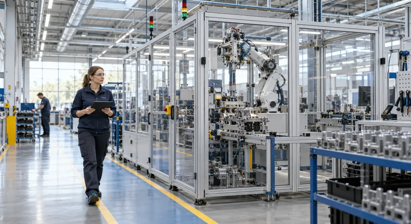 Quality engineer walking along a safe aisle in a modern automated production facility.
