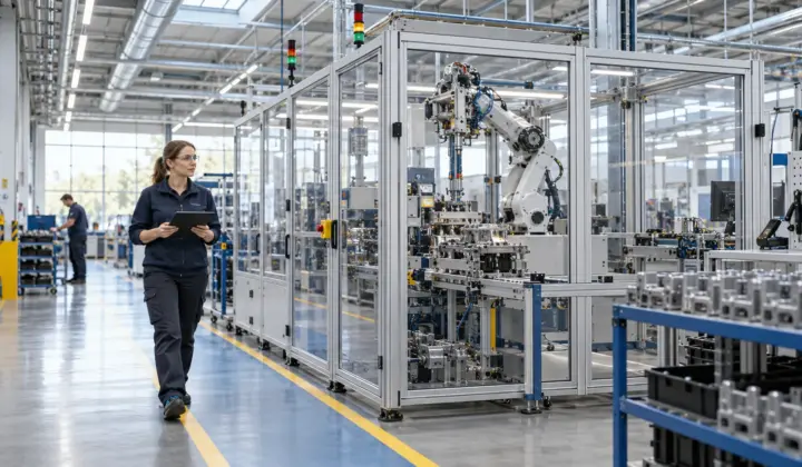 Quality engineer walking along a safe aisle in a modern automated production facility.