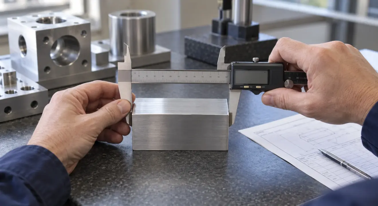 Quality technician measuring the outside width of a machined aluminium block with a digital caliper.