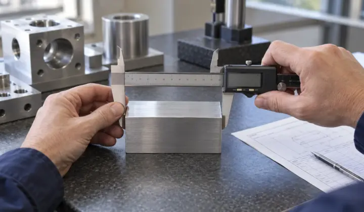Quality technician measuring the outside width of a machined aluminium block with a digital caliper.