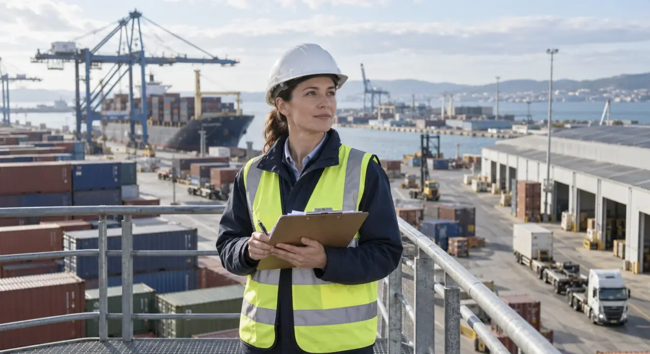 Logistics quality professional overlooking a shipping-container terminal.