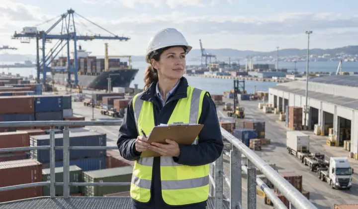 Logistics quality professional overlooking a shipping-container terminal.