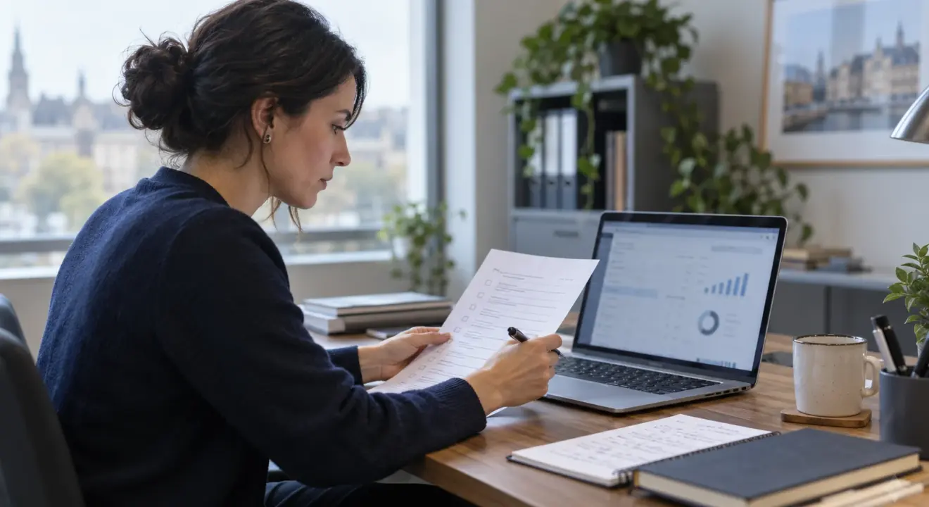 Compliance analyst comparing a software dashboard with a printed review checklist.