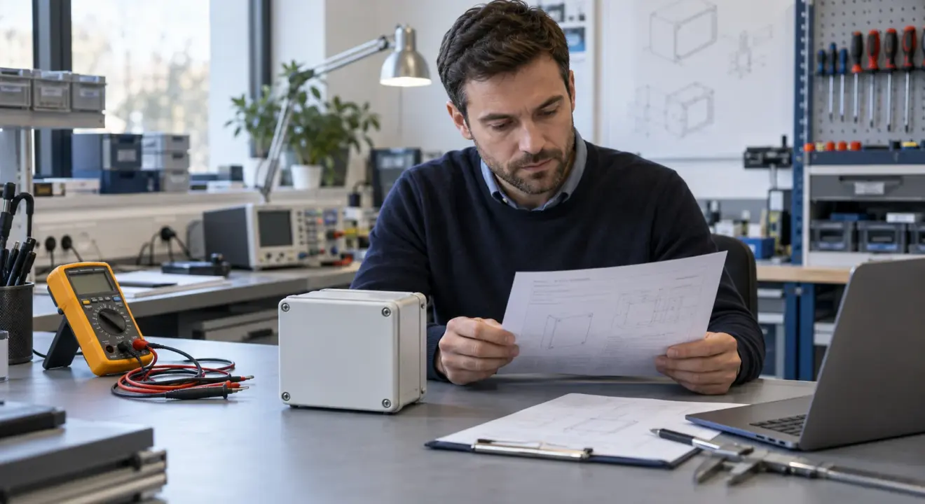 Electrical product engineer reviewing a control enclosure and test documentation.