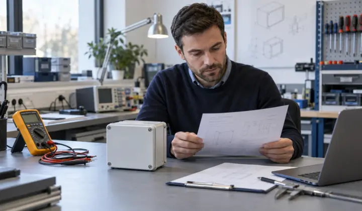Electrical product engineer reviewing a control enclosure and test documentation.