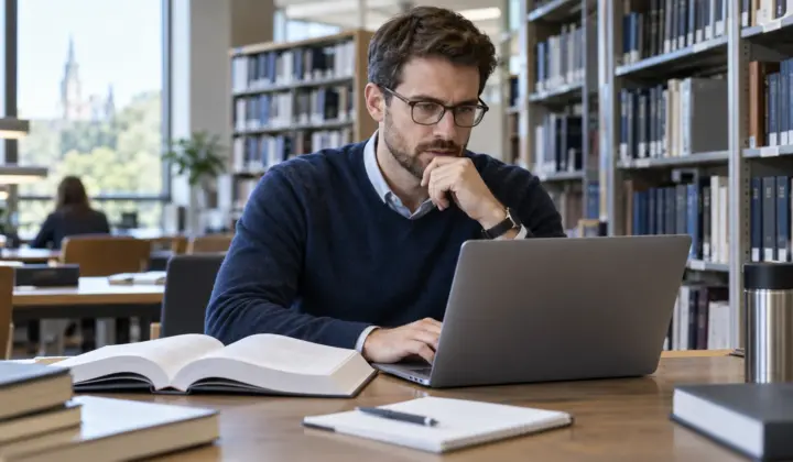 Engineer researching technical reference documents in a quiet library.