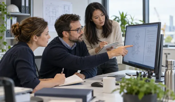 Engineering and procurement colleagues reviewing a technical document at one workstation.