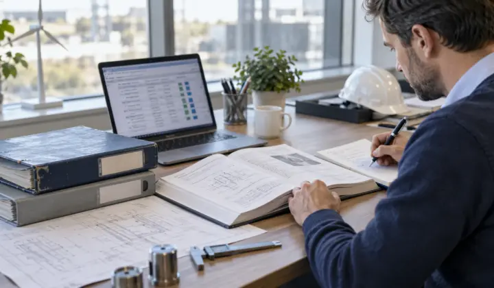Engineer comparing technical document revisions and a version-history record.