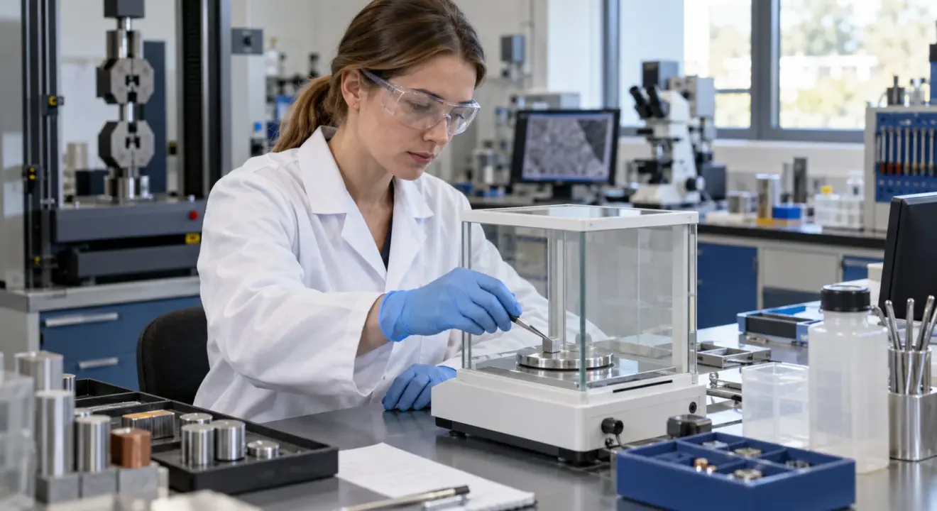 Laboratory technician weighing a metal specimen on an analytical balance.