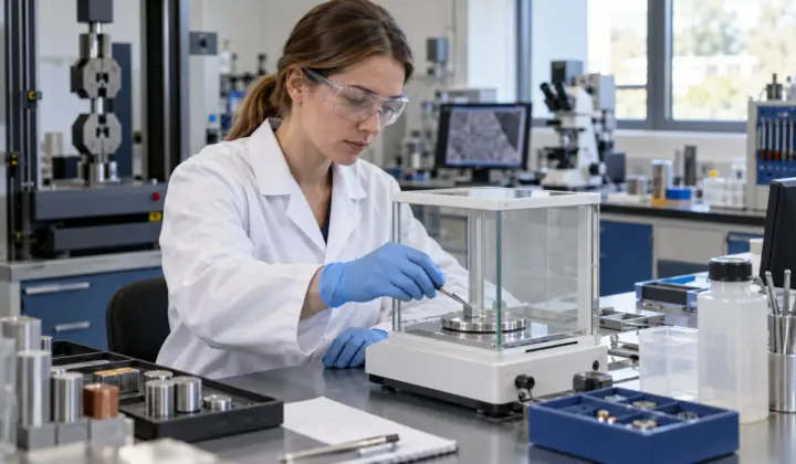 Laboratory technician weighing a metal specimen on an analytical balance.