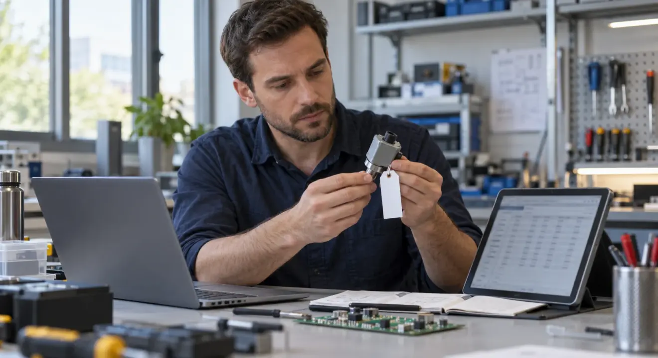 Engineer reviewing a connected sensor alongside software and product-traceability records.