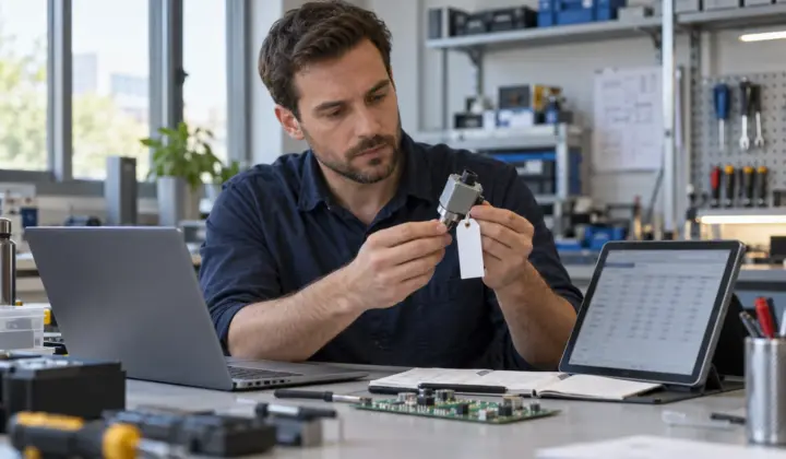 Engineer reviewing a connected sensor alongside software and product-traceability records.