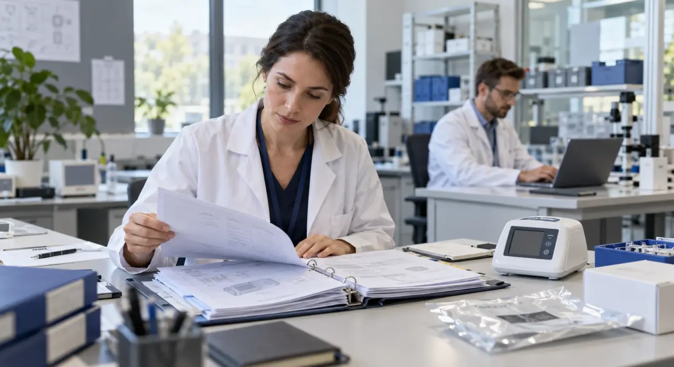 Medical-device quality engineer reviewing technical documentation and sample packaging.