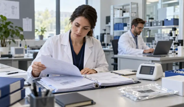 Medical-device quality engineer reviewing technical documentation and sample packaging.