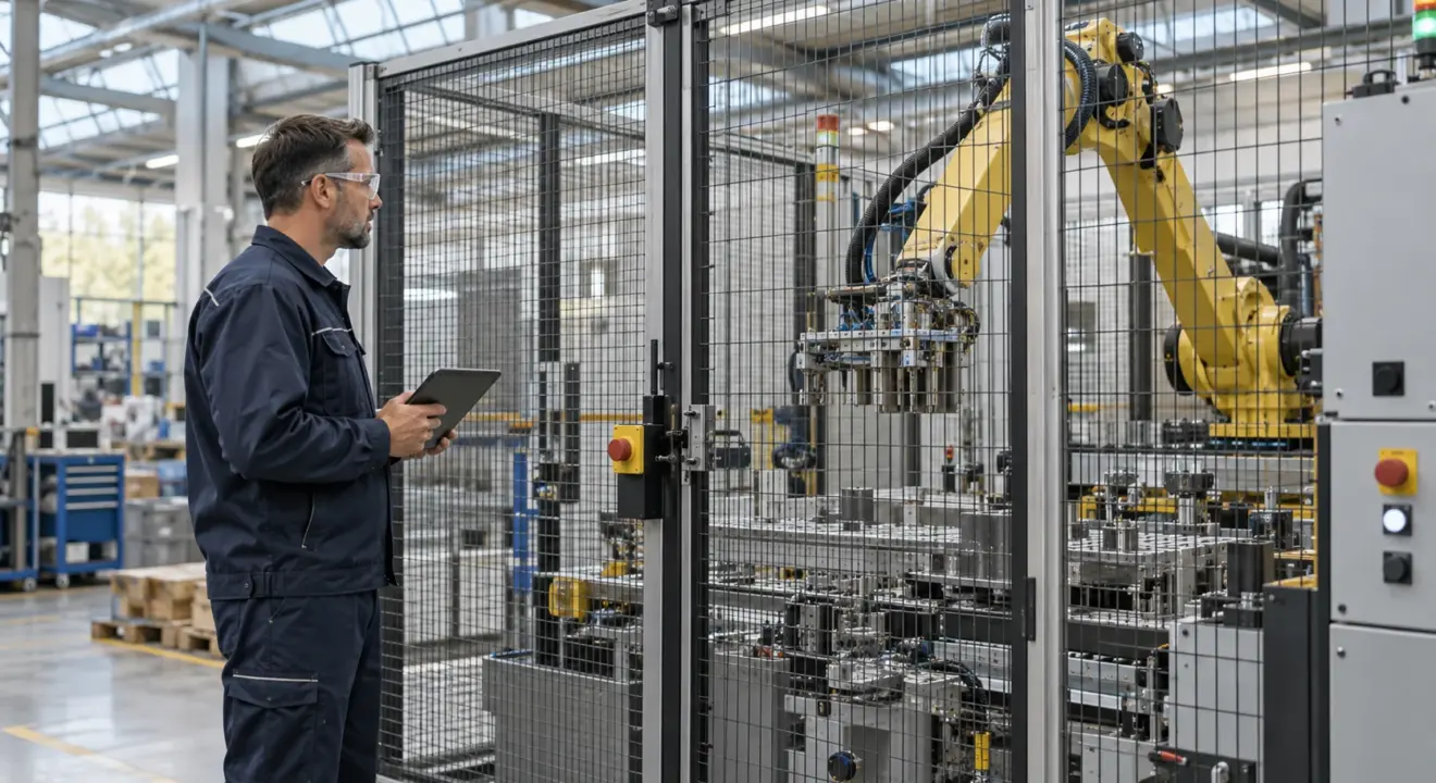 Engineer inspecting a guarded robotic production cell from a safe aisle.