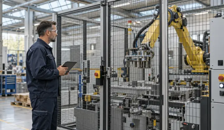 Engineer inspecting a guarded robotic production cell from a safe aisle.