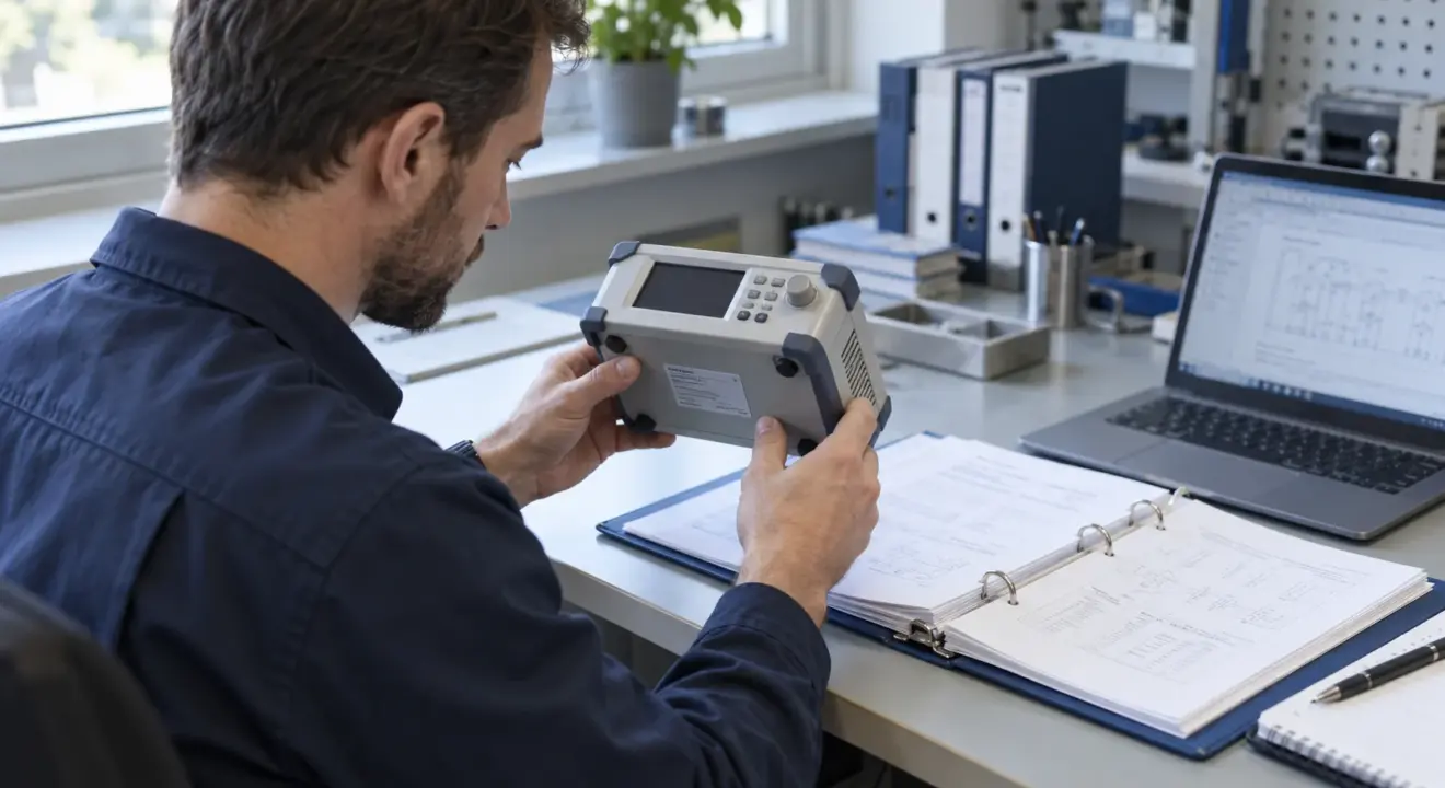Product compliance engineer checking an instrument label against technical documentation.