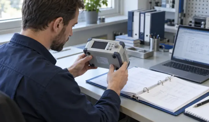 Product compliance engineer checking an instrument label against technical documentation.
